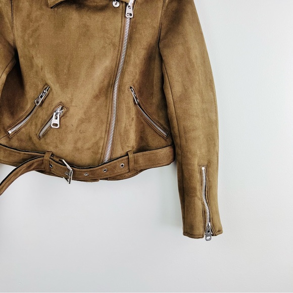 Zara Cropped Suede Effect Moto Biker Zip up Jacket Women brown in colour - Picture 11 of 16